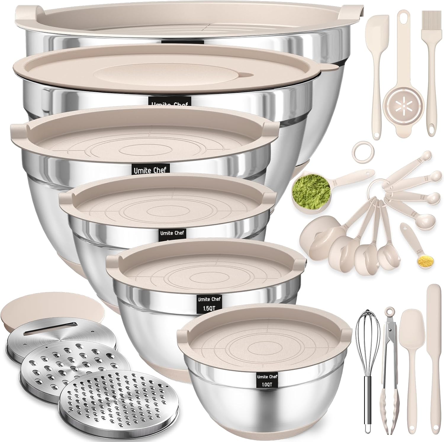 Mixing Bowls with Airtight Lids Set, 26PCS Stainless Steel Khaki Bowls with Grater Attachments,...